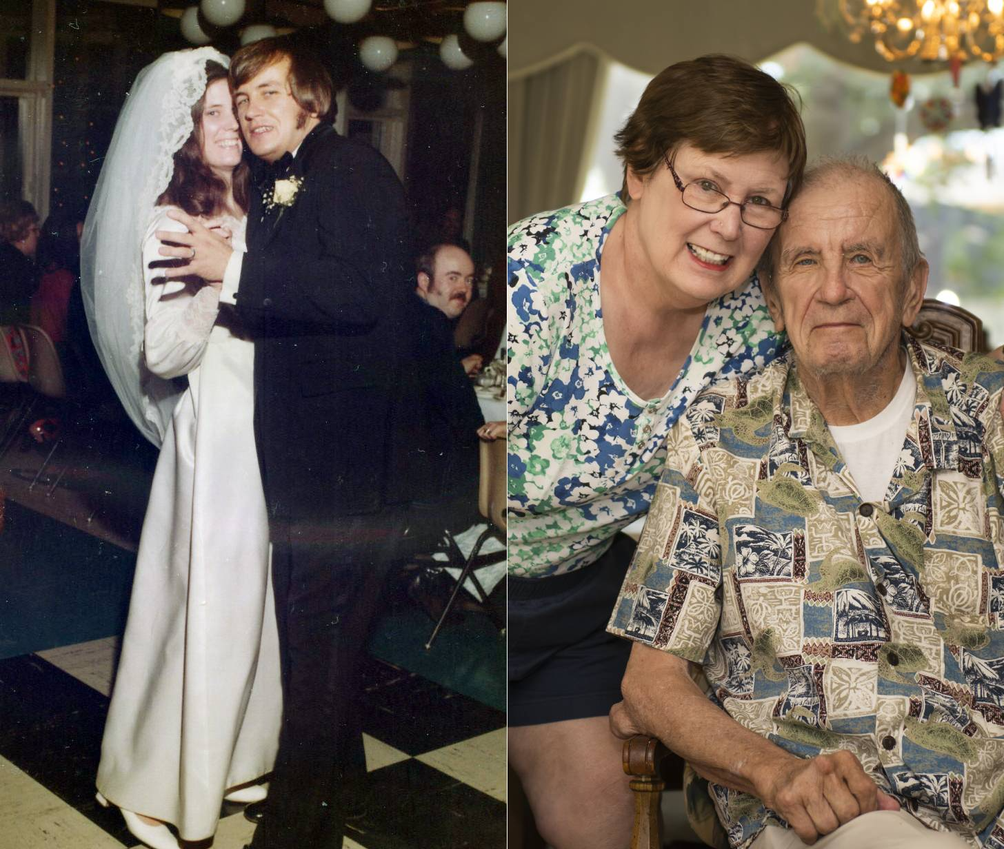 My parents on their wedding night in 1973, again 50 years later in 2023