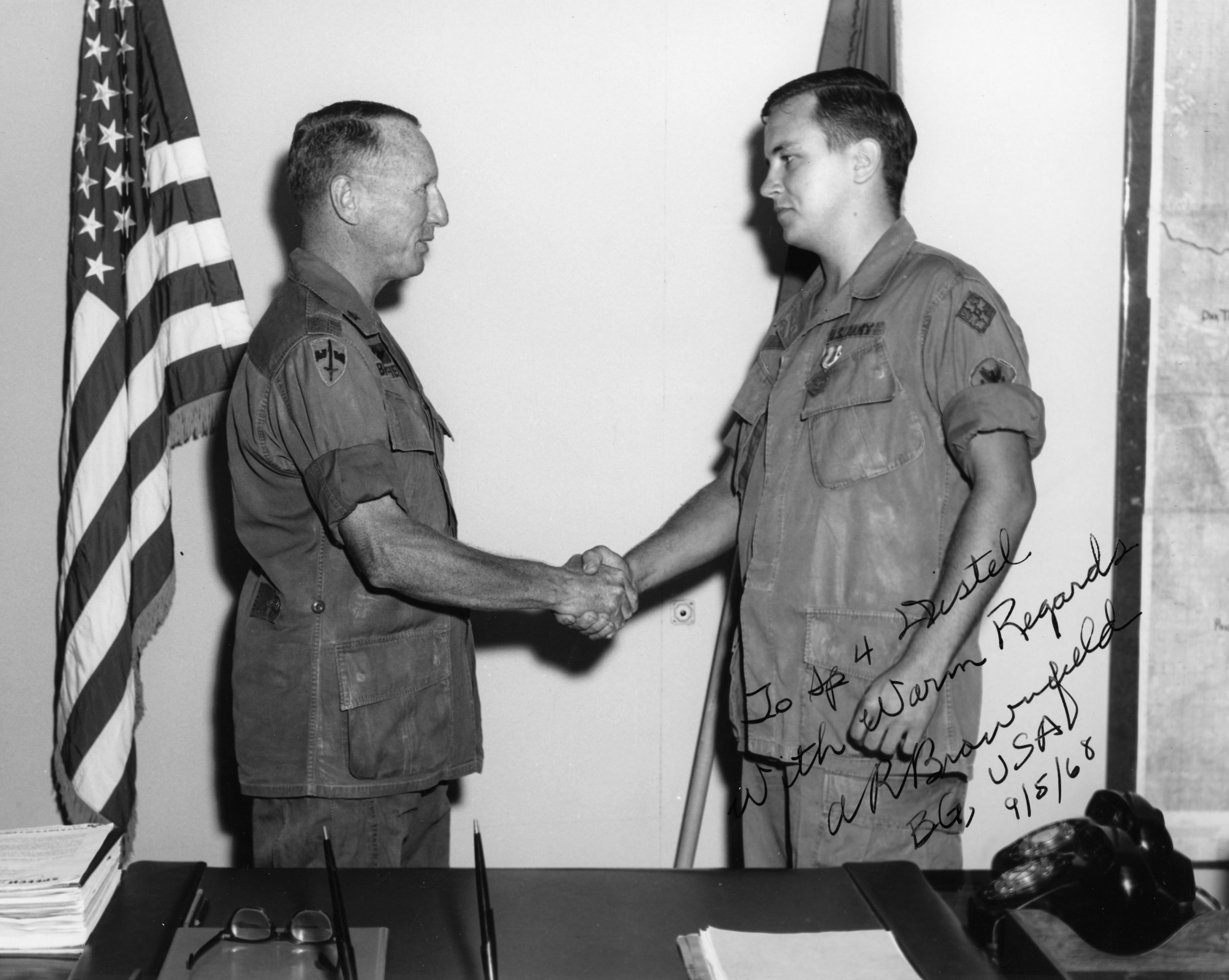 Brigadier General Albert R. Brownfield awarding my father the Army Commendation medal in Vietnam. September 5, 1968